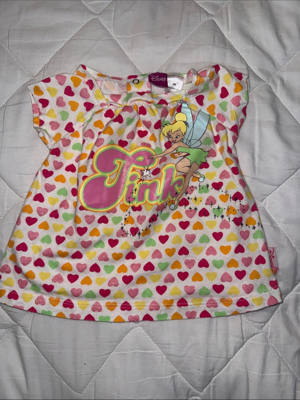 6m Disney Tinker Bell Heart Print Tee - White with Pink, Yellow, Green guc